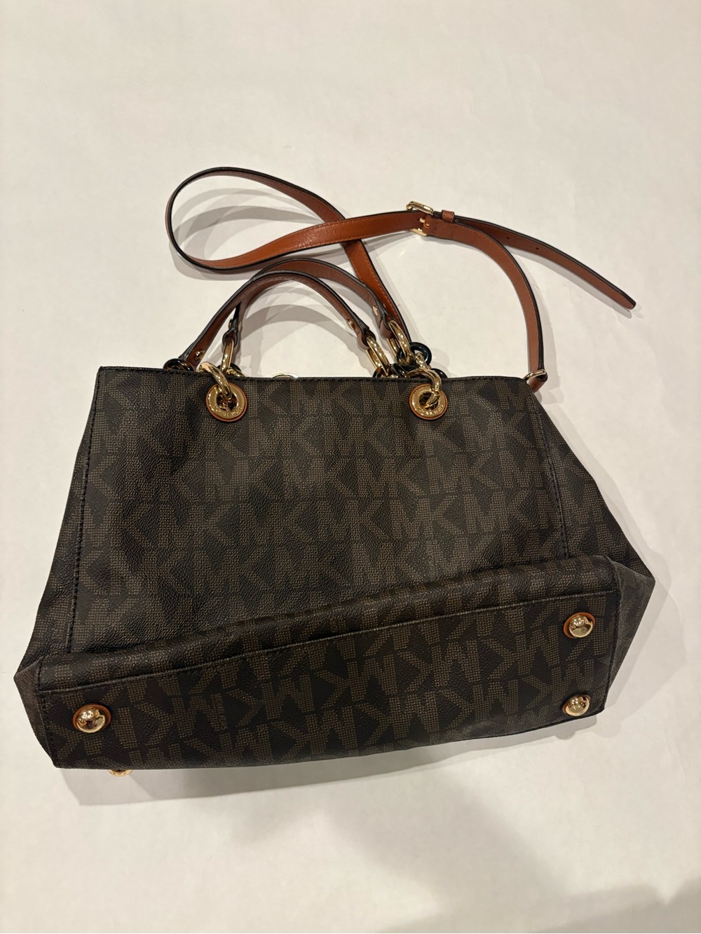 Michael Kors Dark Brown MK Logo Tote with Tan Leather Straps